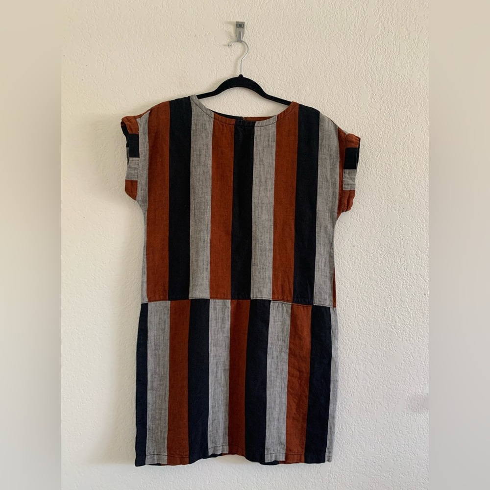 Garnet Hill Meraki Linen Dress Striped Drop Waist Cap Sleeve Relaxed Popover S